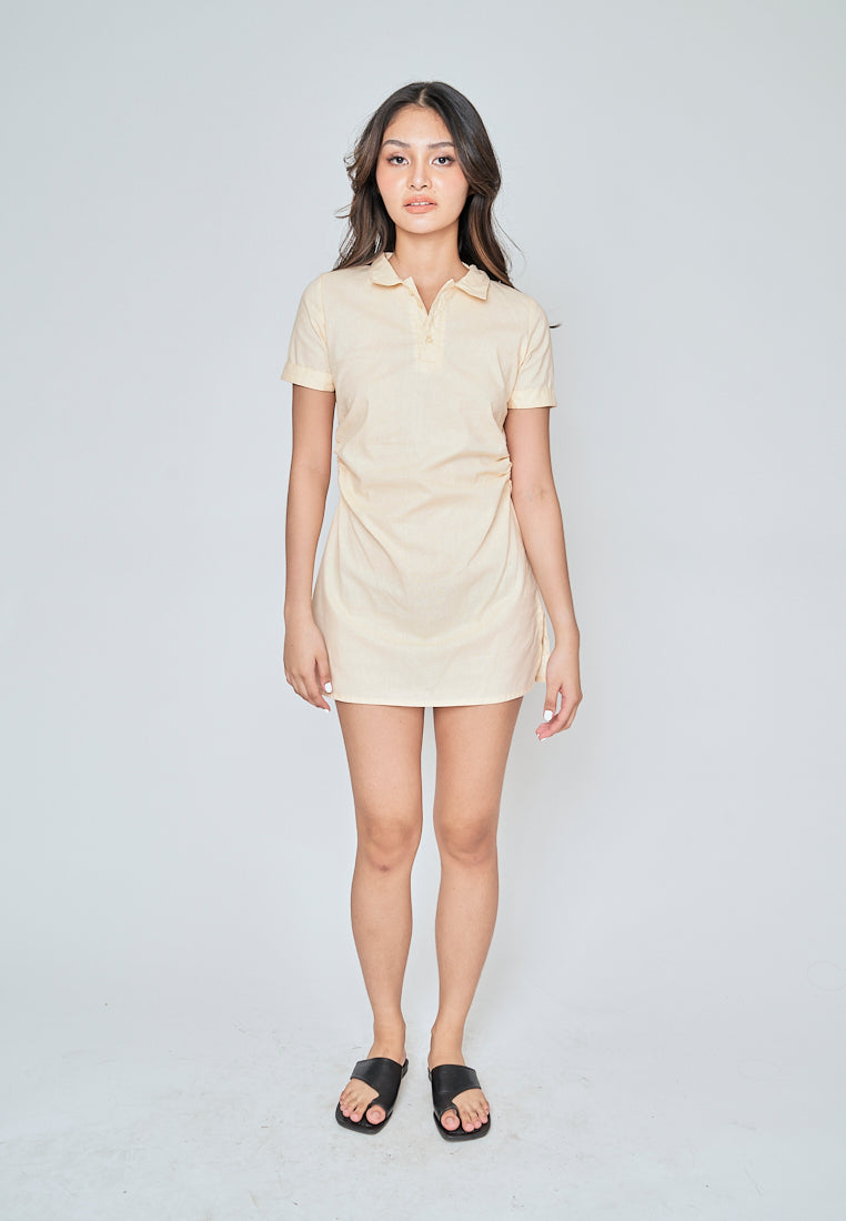 Naoko Beige Linen Collared V Neck Short Sleeves Side Ruch Mini Dress