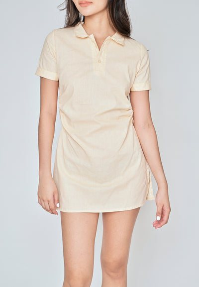 Naoko Beige Linen Collared V Neck Short Sleeves Side Ruch Mini Dress