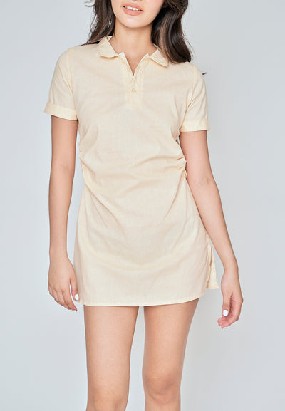 Naoko Beige Linen Collared V Neck Short Sleeves Side Ruch Mini Dress