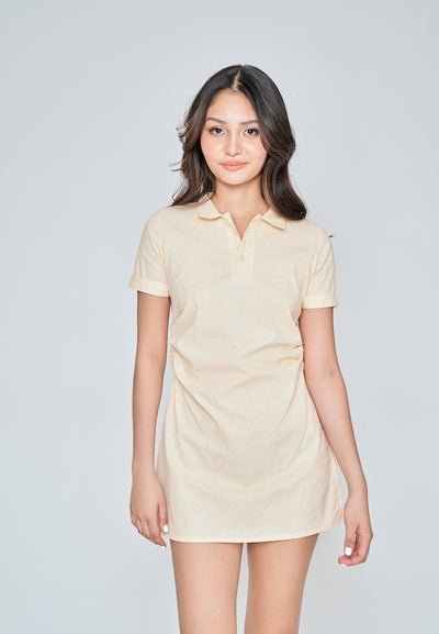 Naoko Beige Linen Collared V Neck Short Sleeves Side Ruch Mini Dress