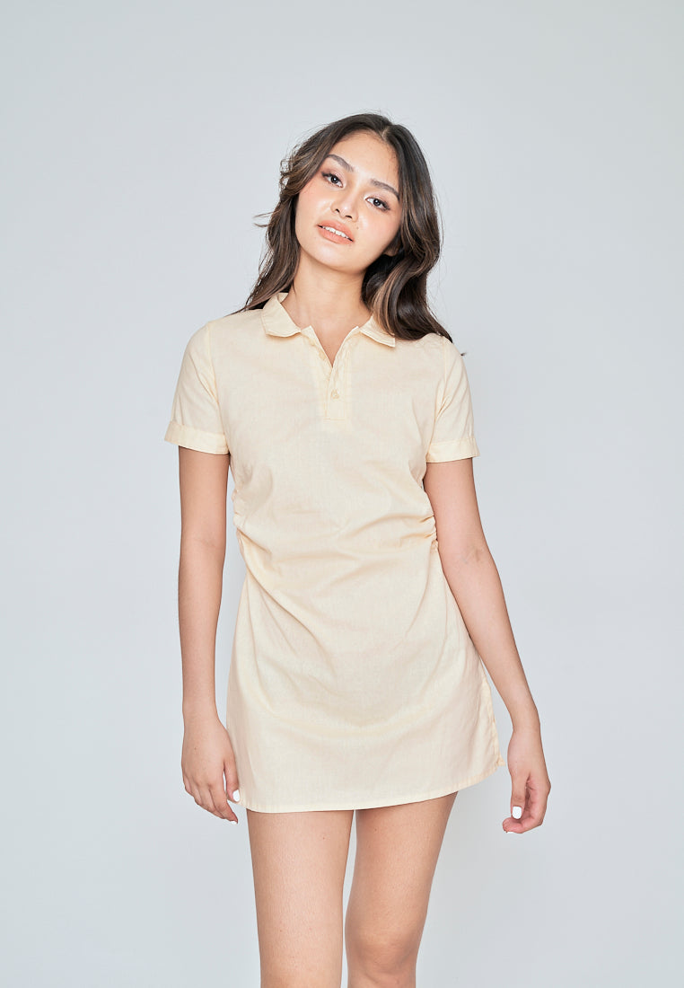 Naoko Beige Linen Collared V Neck Short Sleeves Side Ruch Mini Dress