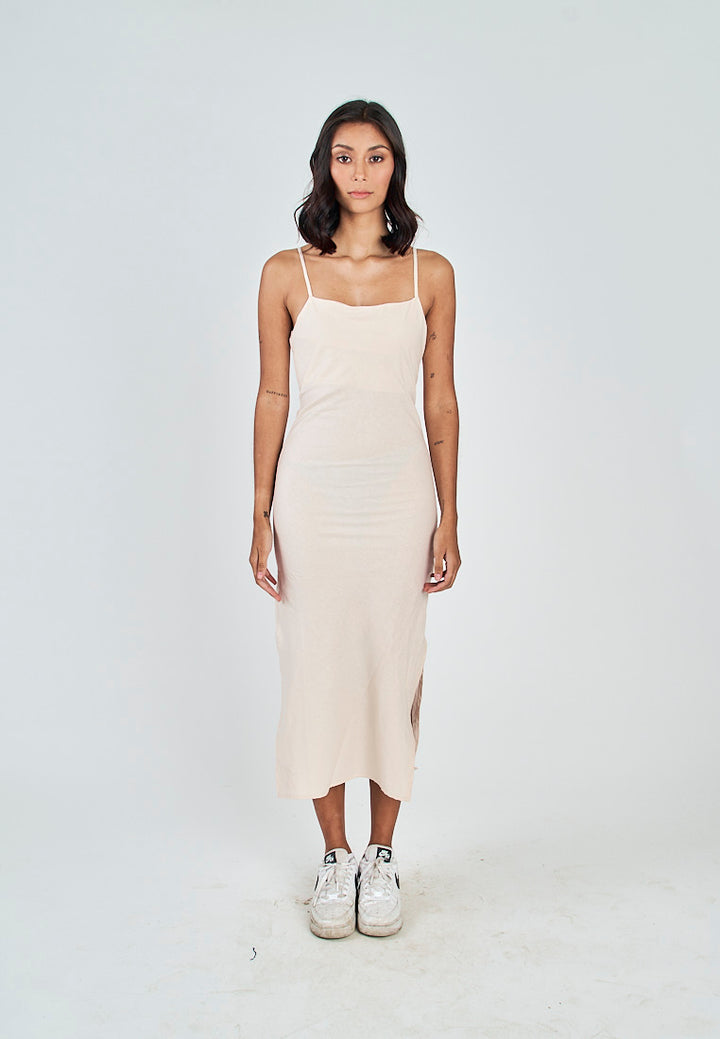 Nayomi Off White Linen Sleeveless Criss Cross Zipper Back Side Slits Midi Dress