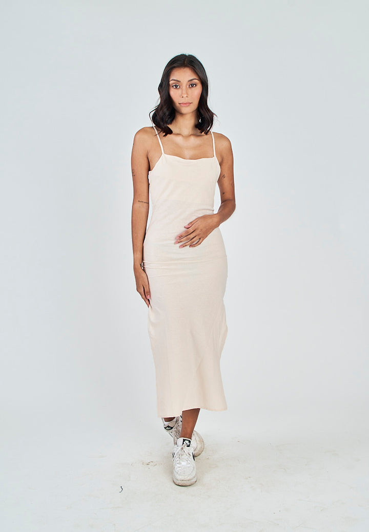 Nayomi Off White Linen Sleeveless Criss Cross Zipper Back Side Slits Midi Dress