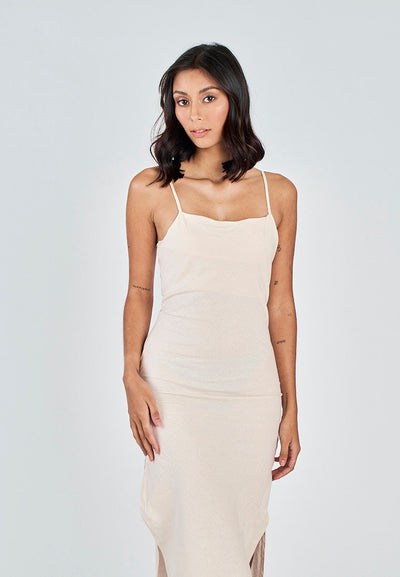 Nayomi Off White Linen Sleeveless Criss Cross Zipper Back Side Slits Midi Dress