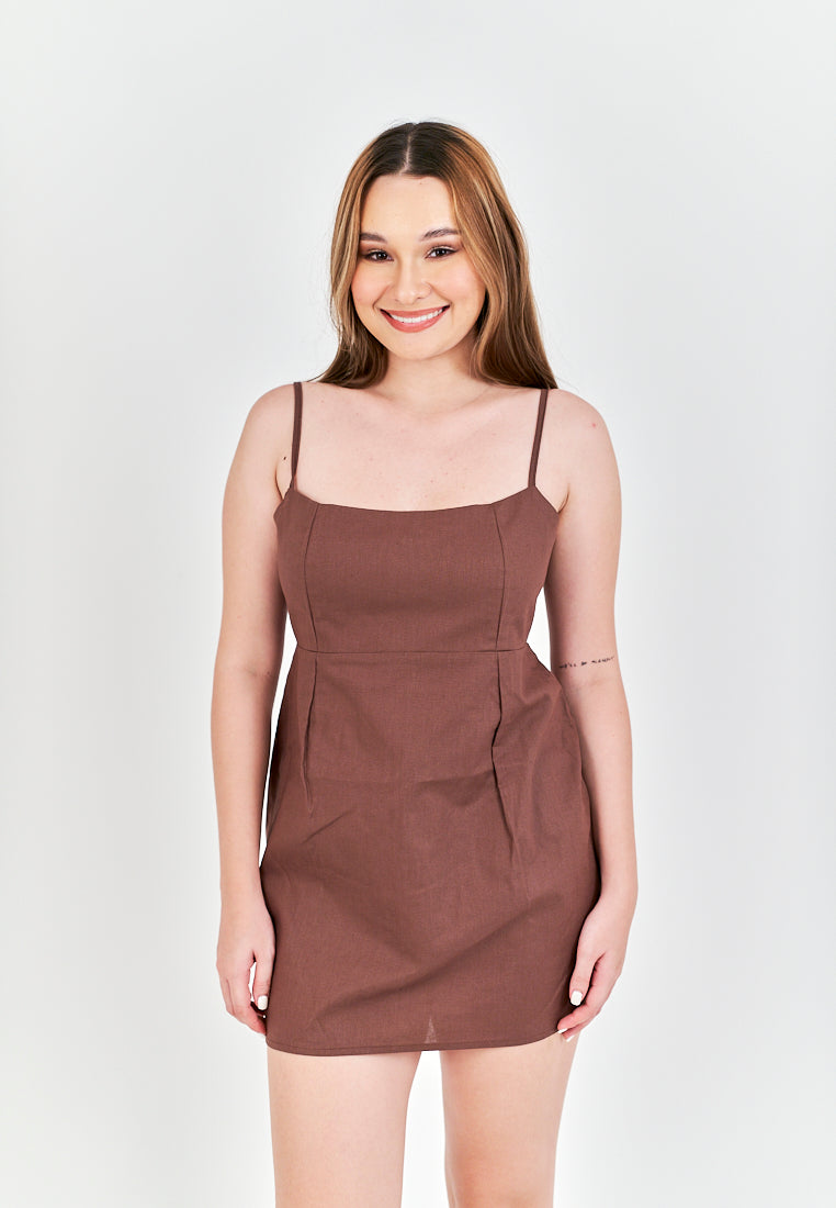 Umi Brown Linen Sleeveless Zipper Back Mini Dress