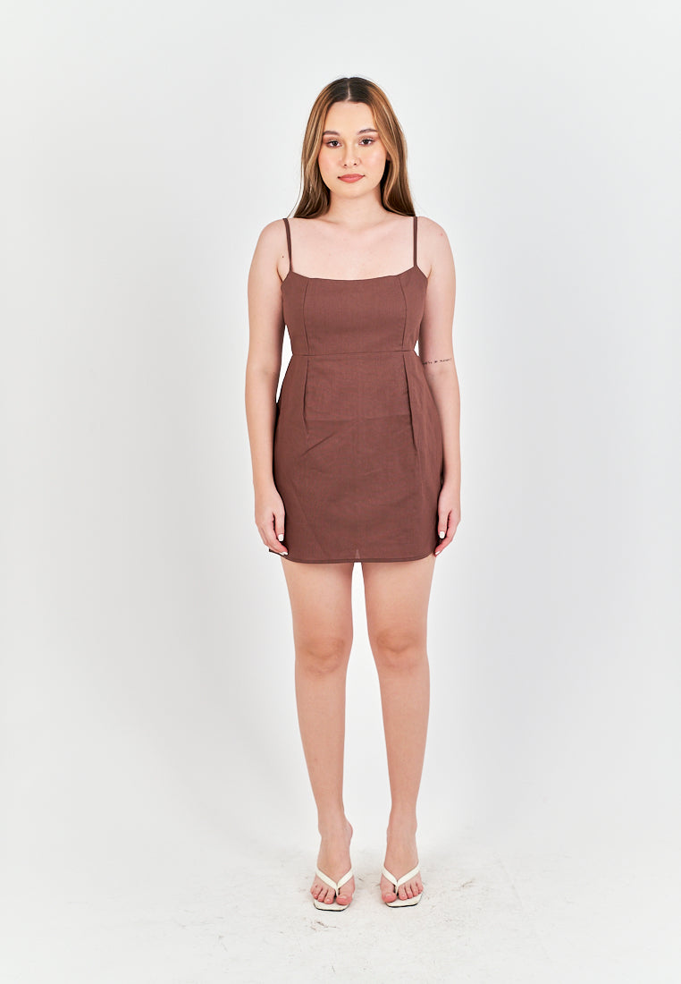 Umi Brown Linen Sleeveless Zipper Back Mini Dress