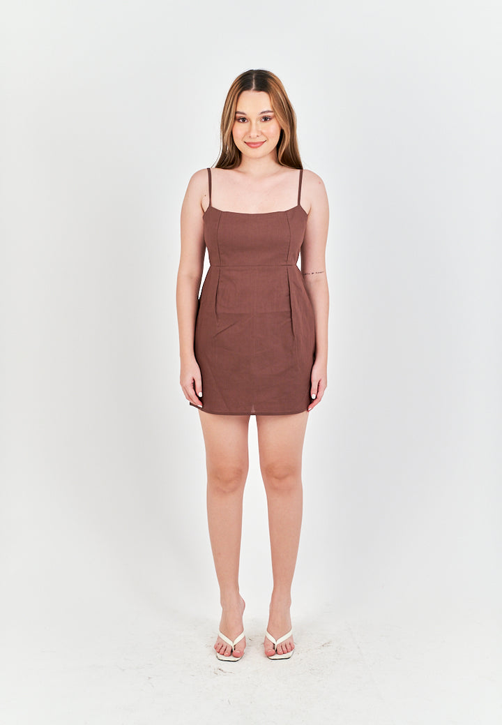 Umi Brown Linen Sleeveless Zipper Back Mini Dress