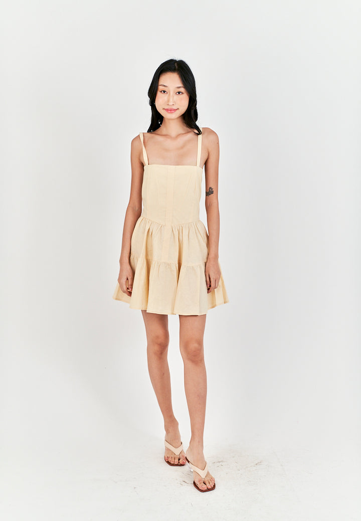 Taeko Beige Linen Sleeveless Smock Zipper Back Tiered Mini Dress