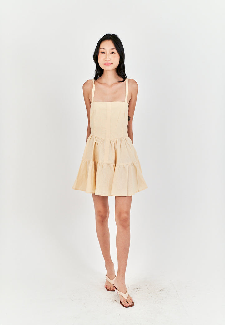Taeko Beige Linen Sleeveless Smock Zipper Back Tiered Mini Dress