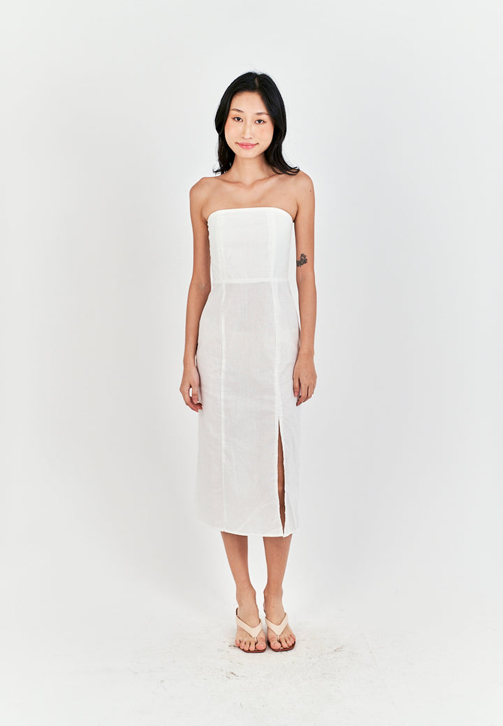 Sheeta White Linen Smock Zipper Back Side Slit Tube Midi Dress