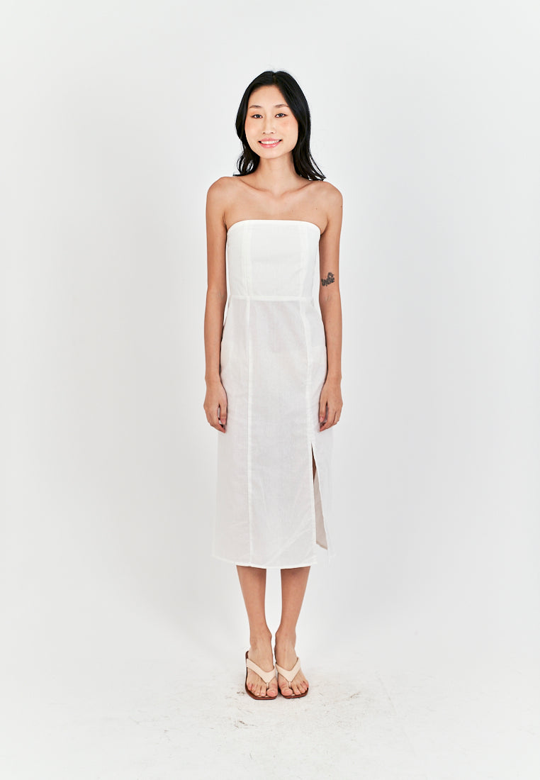 Sheeta White Linen Smock Zipper Back Side Slit Tube Midi Dress