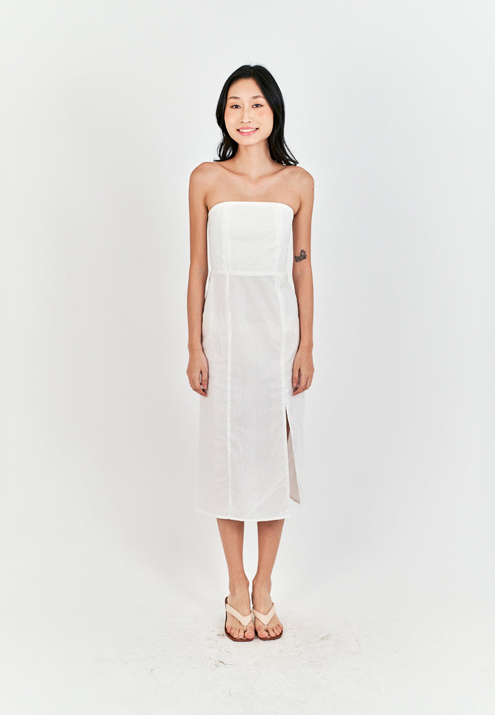 Sheeta White Linen Smock Zipper Back Side Slit Tube Midi Dress