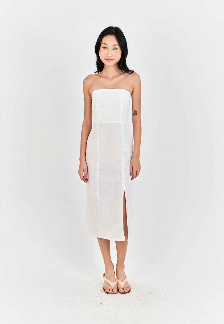 Sheeta White Linen Smock Zipper Back Side Slit Tube Midi Dress