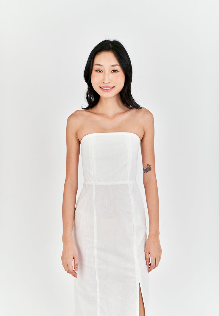Sheeta White Linen Smock Zipper Back Side Slit Tube Midi Dress