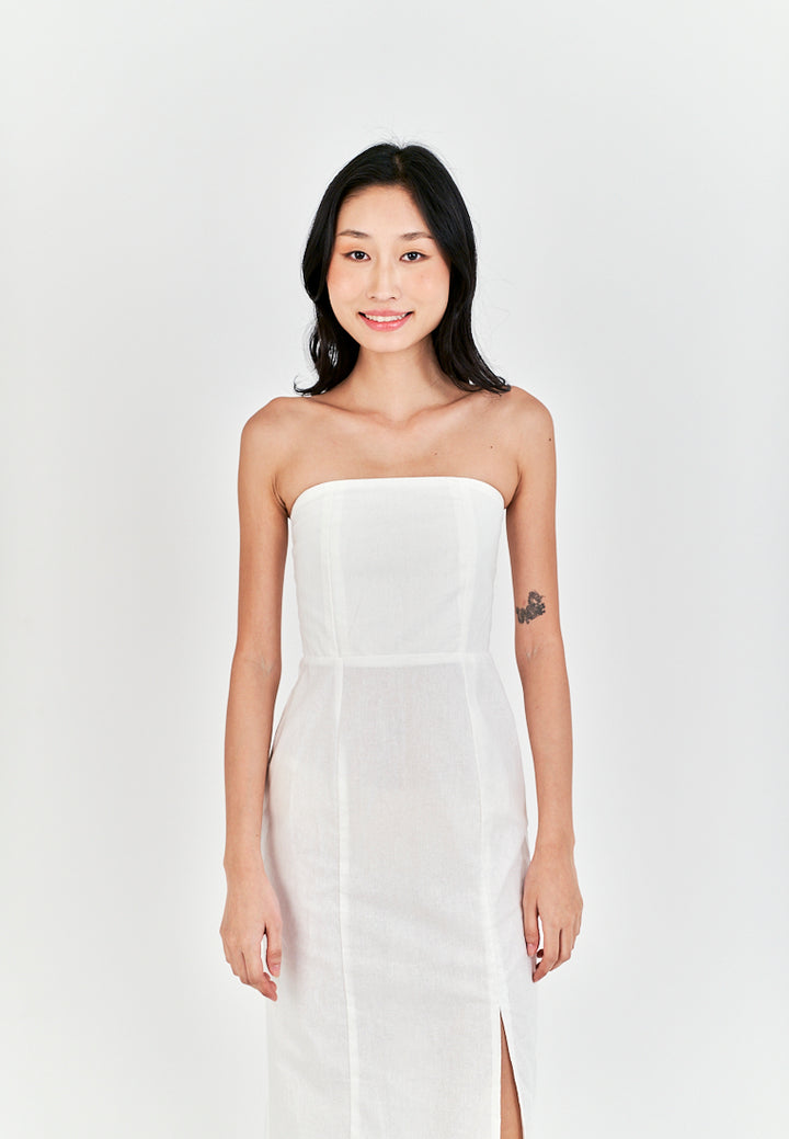 Sheeta White Linen Smock Zipper Back Side Slit Tube Midi Dress