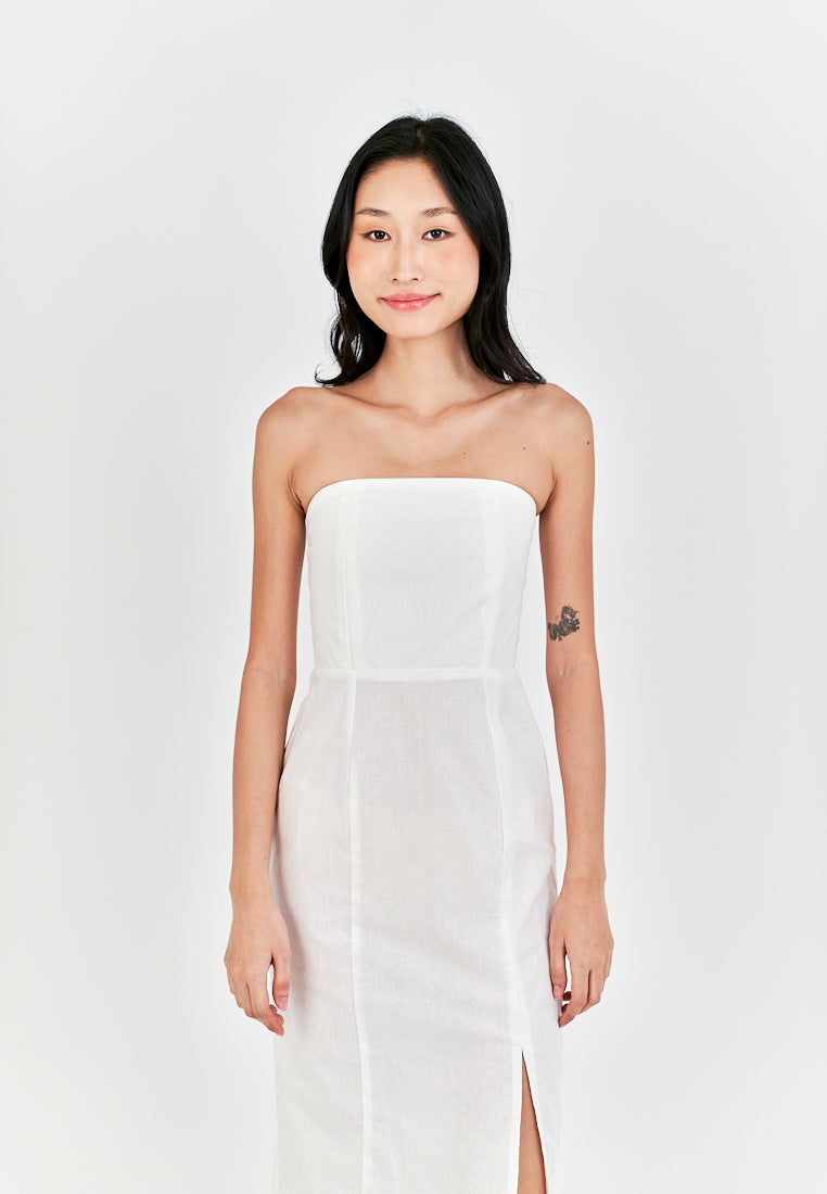 Sheeta White Linen Smock Zipper Back Side Slit Tube Midi Dress