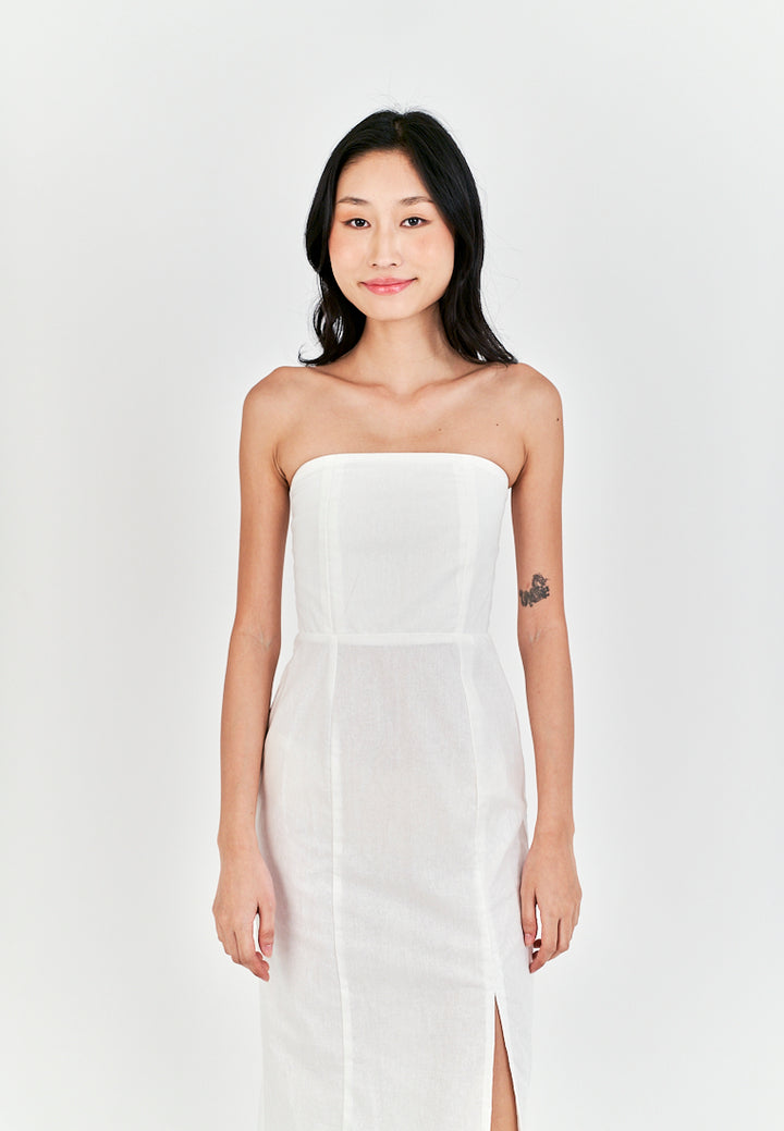 Sheeta White Linen Smock Zipper Back Side Slit Tube Midi Dress