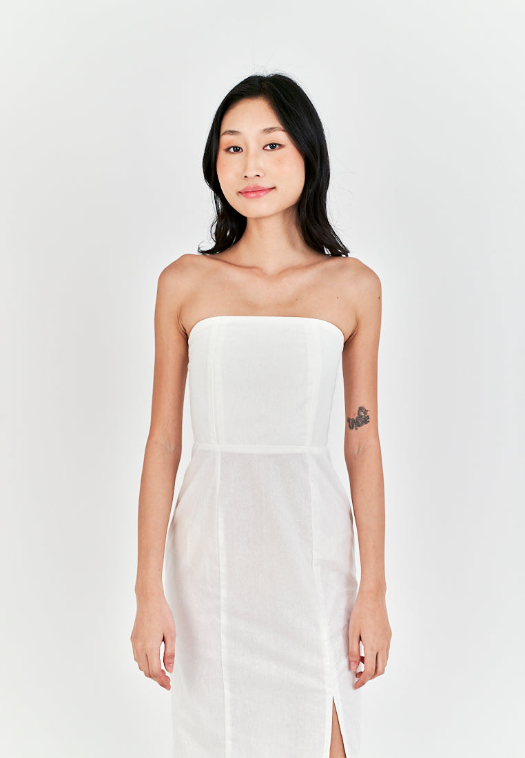 Sheeta White Linen Smock Zipper Back Side Slit Tube Midi Dress