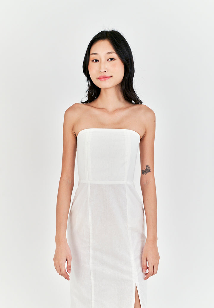 Sheeta White Linen Smock Zipper Back Side Slit Tube Midi Dress
