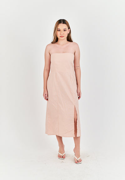 Sheeta Pink Linen Smock Zipper Back Side Slit Tube Midi Dress