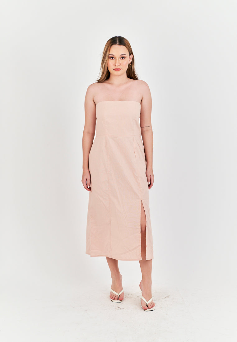 Sheeta Pink Linen Smock Zipper Back Side Slit Tube Midi Dress