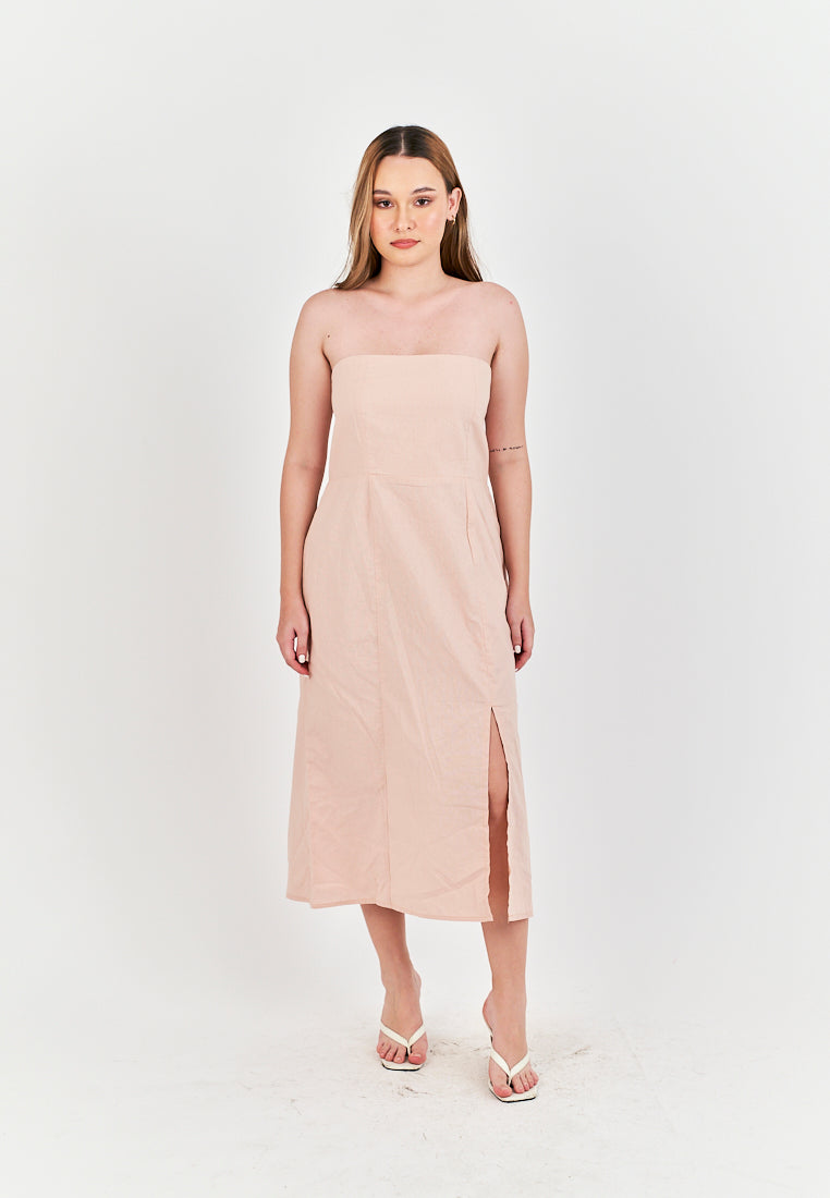 Sheeta Pink Linen Smock Zipper Back Side Slit Tube Midi Dress