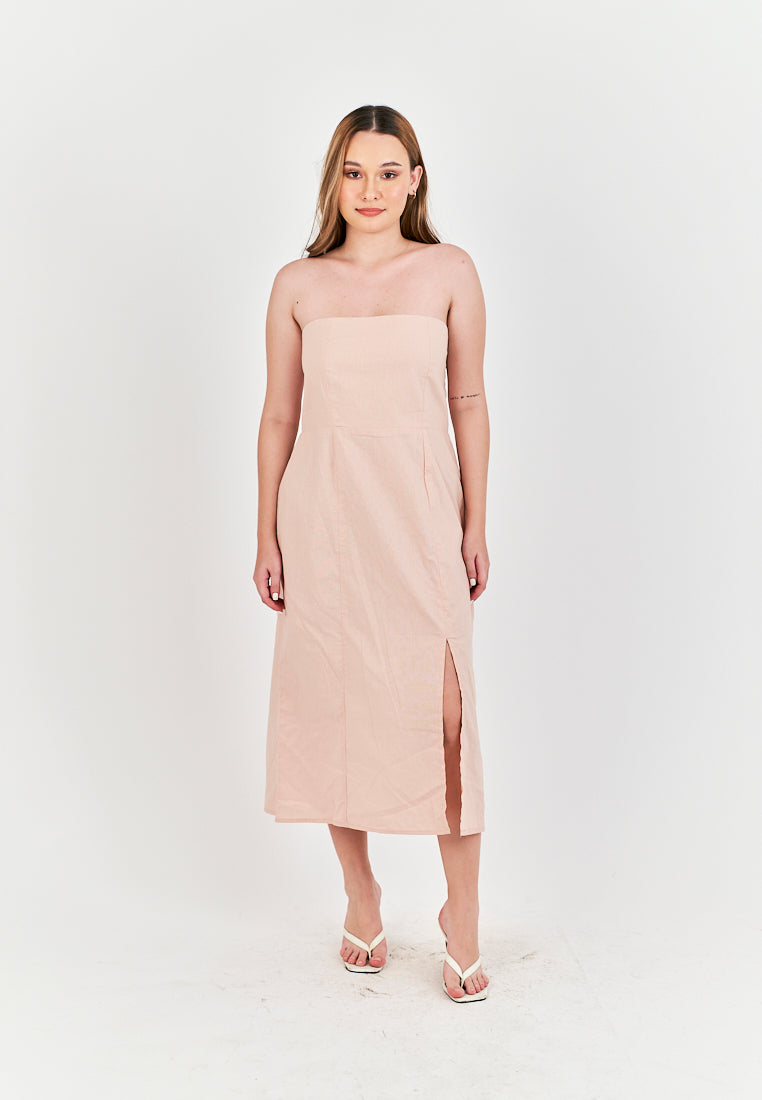 Sheeta Pink Linen Smock Zipper Back Side Slit Tube Midi Dress