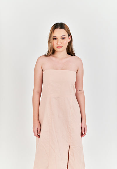 Sheeta Pink Linen Smock Zipper Back Side Slit Tube Midi Dress