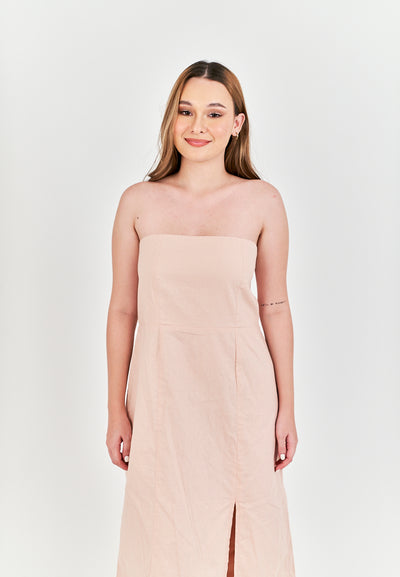 Sheeta Pink Linen Smock Zipper Back Side Slit Tube Midi Dress