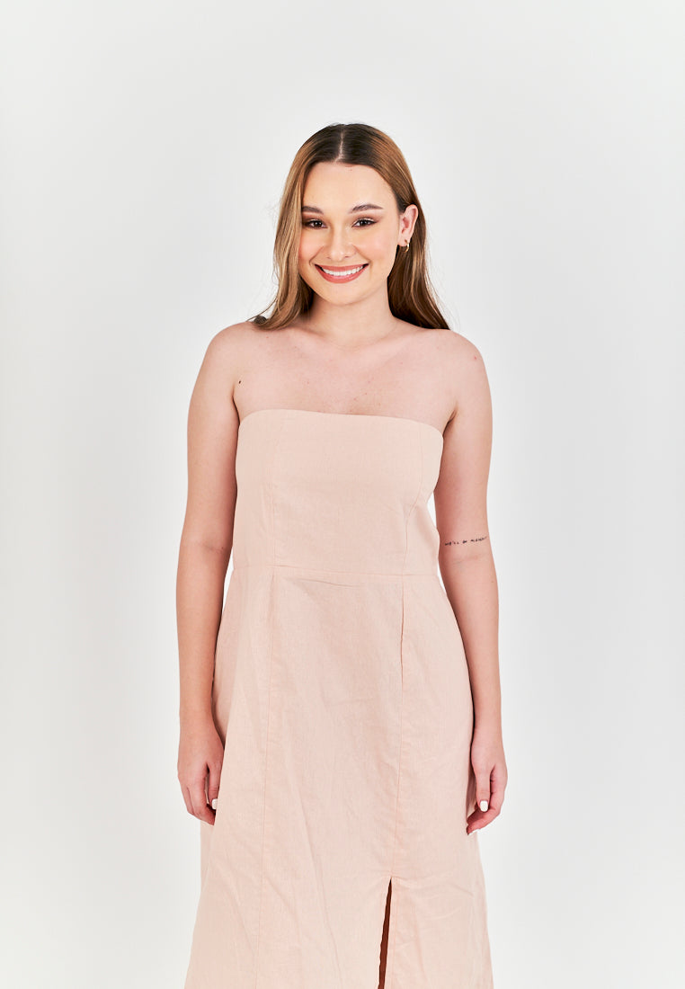 Sheeta Pink Linen Smock Zipper Back Side Slit Tube Midi Dress