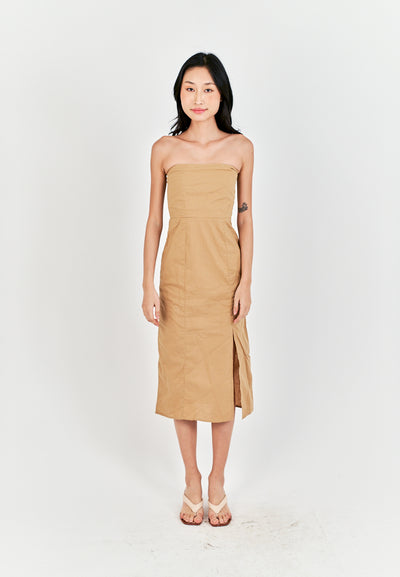 Sheeta Light Brown Linen Smock Zipper Back Side Slit Tube Midi Dress