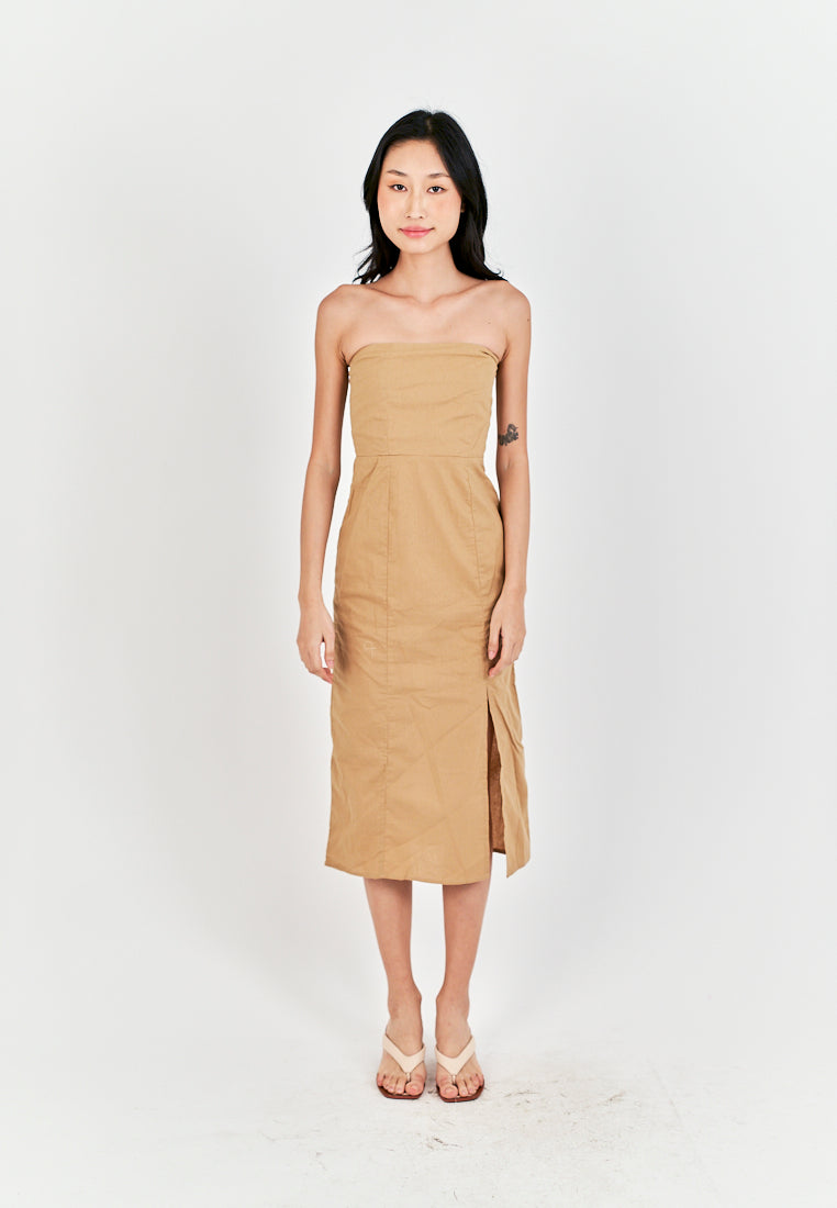 Sheeta Light Brown Linen Smock Zipper Back Side Slit Tube Midi Dress