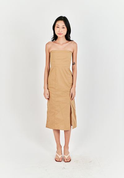 Sheeta Light Brown Linen Smock Zipper Back Side Slit Tube Midi Dress