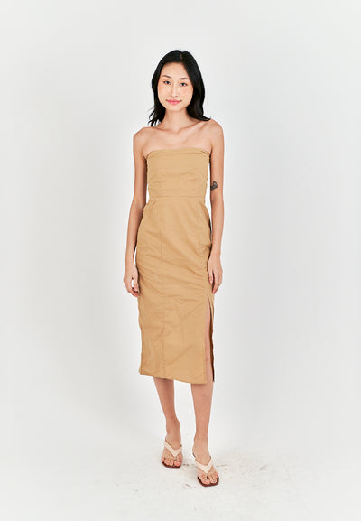 Sheeta Light Brown Linen Smock Zipper Back Side Slit Tube Midi Dress