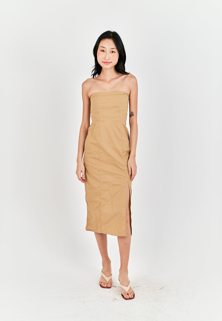 Sheeta Light Brown Linen Smock Zipper Back Side Slit Tube Midi Dress