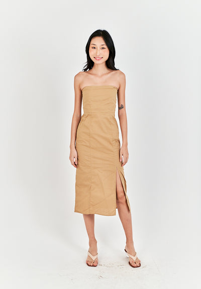 Sheeta Light Brown Linen Smock Zipper Back Side Slit Tube Midi Dress