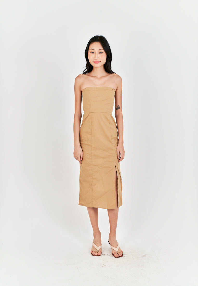 Sheeta Light Brown Linen Smock Zipper Back Side Slit Tube Midi Dress