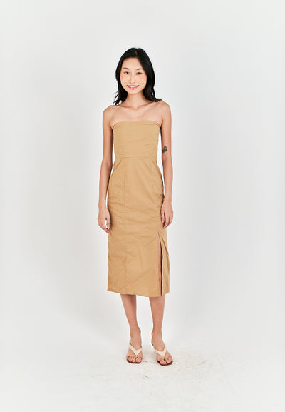 Sheeta Light Brown Linen Smock Zipper Back Side Slit Tube Midi Dress