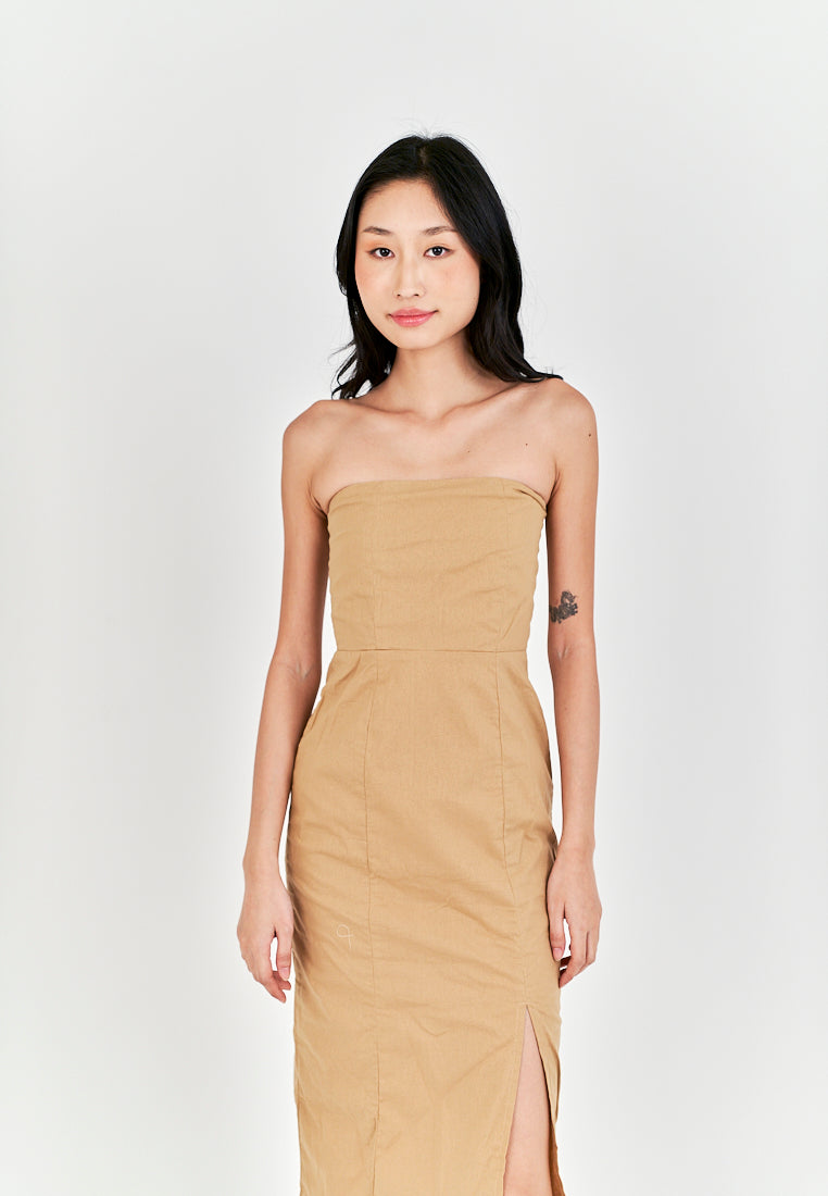 Sheeta Light Brown Linen Smock Zipper Back Side Slit Tube Midi Dress