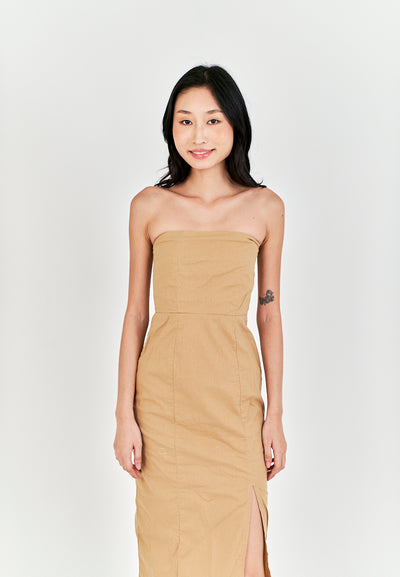 Sheeta Light Brown Linen Smock Zipper Back Side Slit Tube Midi Dress