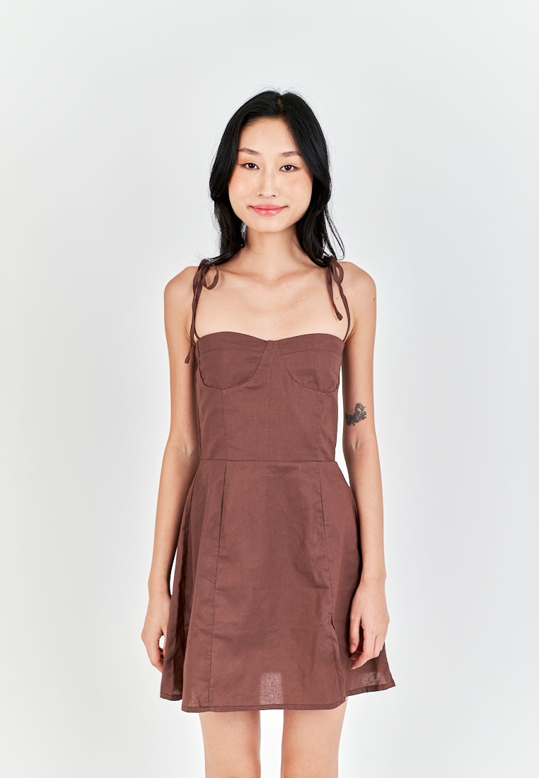Eboshi Brown Linen Sleeveless Self Tie Straps Smock Zipper Back Mini Dress