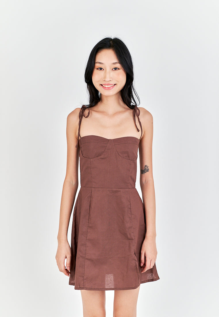 Eboshi Brown Linen Sleeveless Self Tie Straps Smock Zipper Back Mini Dress