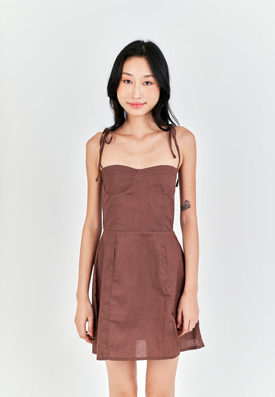Eboshi Brown Linen Sleeveless Self Tie Straps Smock Zipper Back Mini Dress