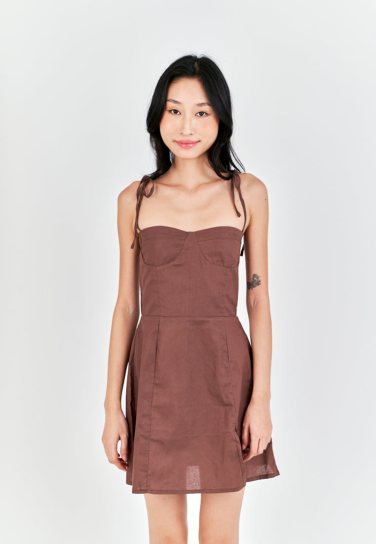 Eboshi Brown Linen Sleeveless Self Tie Straps Smock Zipper Back Mini Dress