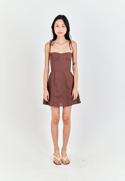 Eboshi Brown Linen Sleeveless Self Tie Straps Smock Zipper Back Mini Dress