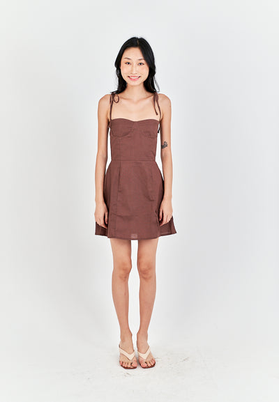 Eboshi Brown Linen Sleeveless Self Tie Straps Smock Zipper Back Mini Dress