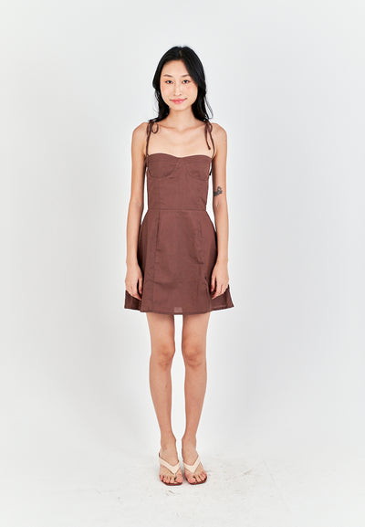 Eboshi Brown Linen Sleeveless Self Tie Straps Smock Zipper Back Mini Dress