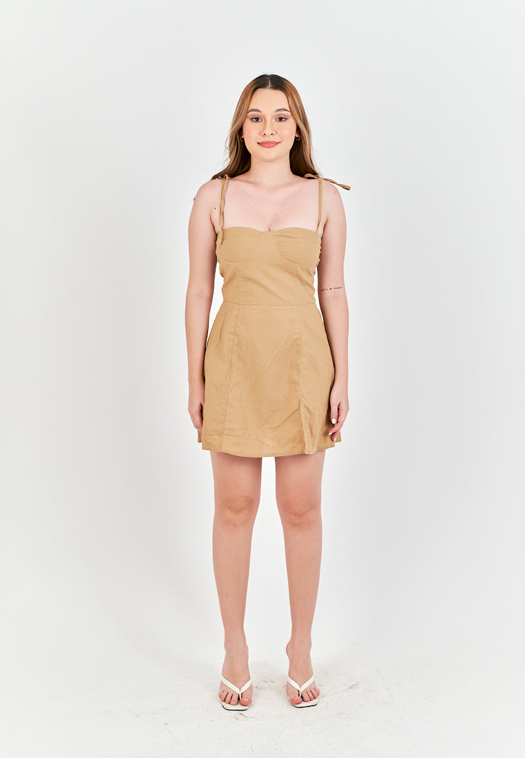 Eboshi Light Brown Linen Sleeveless Self Tie Straps Smock Zipper Back Mini Dress