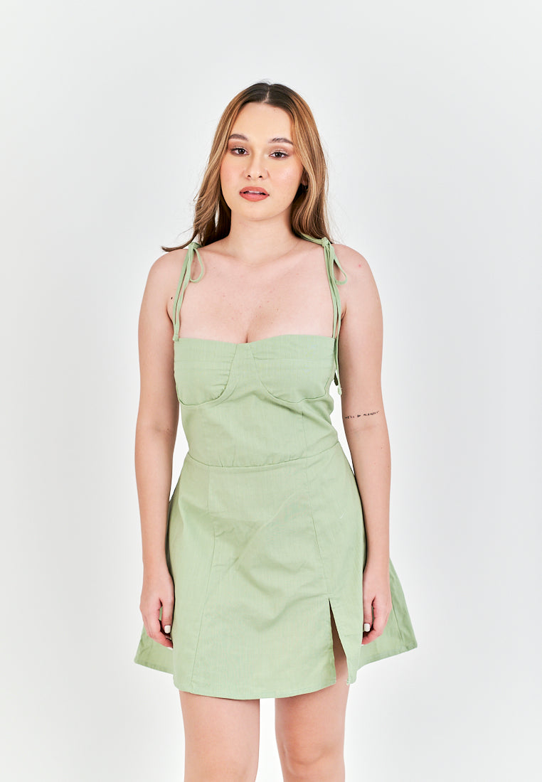 Eboshi Sage Linen Sleeveless Self Tie Straps Smock Zipper Back Mini Dress