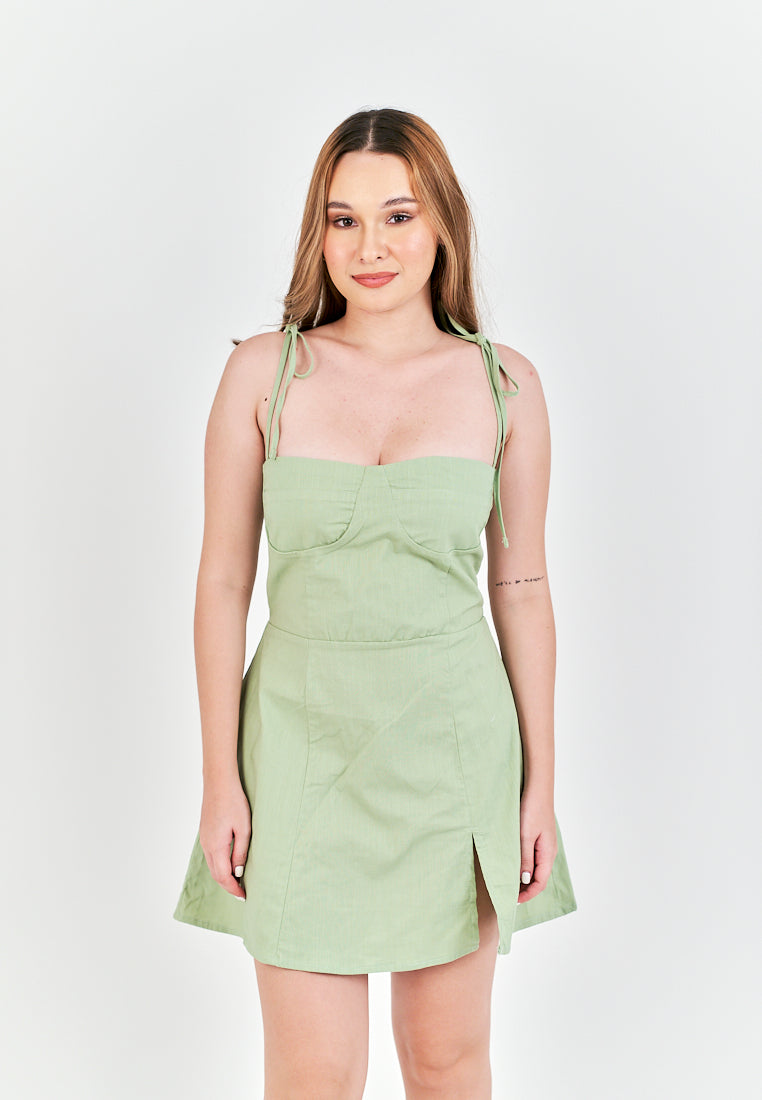 Eboshi Sage Linen Sleeveless Self Tie Straps Smock Zipper Back Mini Dress